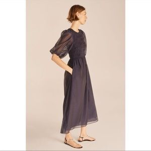 Rebecca Taylor S Navy Blue Smocked Sheer
Ruched Puffed Sleeve Pocket Midi Dress